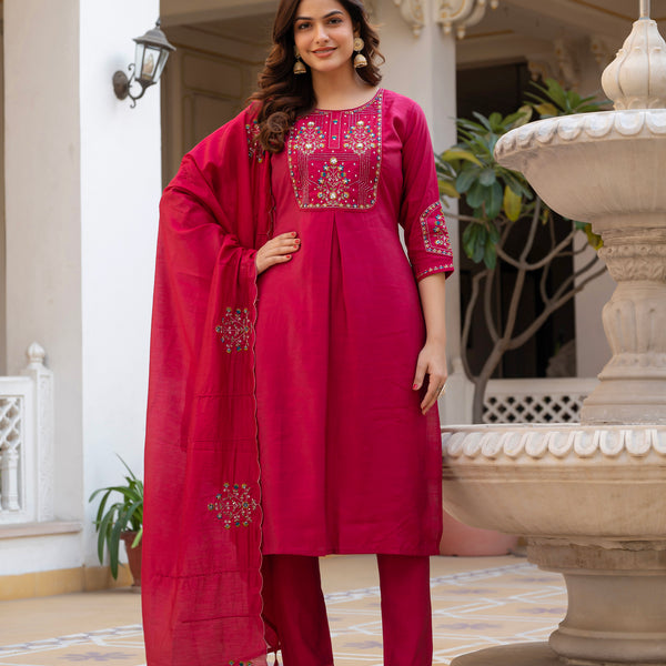 Lorenvalley Fashion Ranipink Viscose Mango Silk Multi Embroidery Sequins With Hand Work Kurta Pant Dupatta - Distacart