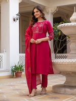 Thumbnail for Lorenvalley Fashion Ranipink Viscose Mango Silk Multi Embroidery Sequins With Hand Work Kurta Pant Dupatta - Distacart