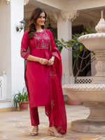 Thumbnail for Lorenvalley Fashion Ranipink Viscose Mango Silk Multi Embroidery Sequins With Hand Work Kurta Pant Dupatta - Distacart