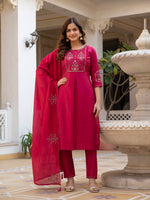 Thumbnail for Lorenvalley Fashion Ranipink Viscose Mango Silk Multi Embroidery Sequins With Hand Work Kurta Pant Dupatta - Distacart