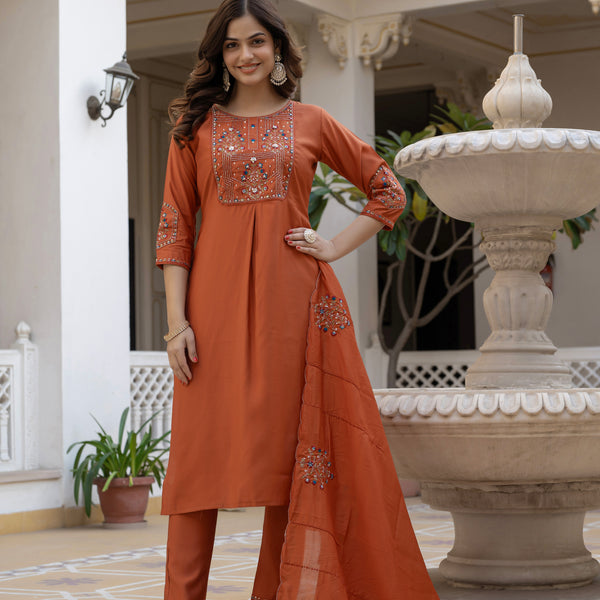 Lorenvalley Fashion Rust Viscose Mango Silk Multi Embroidery Sequins With Hand Work Kurta Pant Dupatta - Distacart