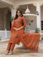 Thumbnail for Lorenvalley Fashion Rust Viscose Mango Silk Multi Embroidery Sequins With Hand Work Kurta Pant Dupatta - Distacart