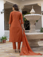 Thumbnail for Lorenvalley Fashion Rust Viscose Mango Silk Multi Embroidery Sequins With Hand Work Kurta Pant Dupatta - Distacart