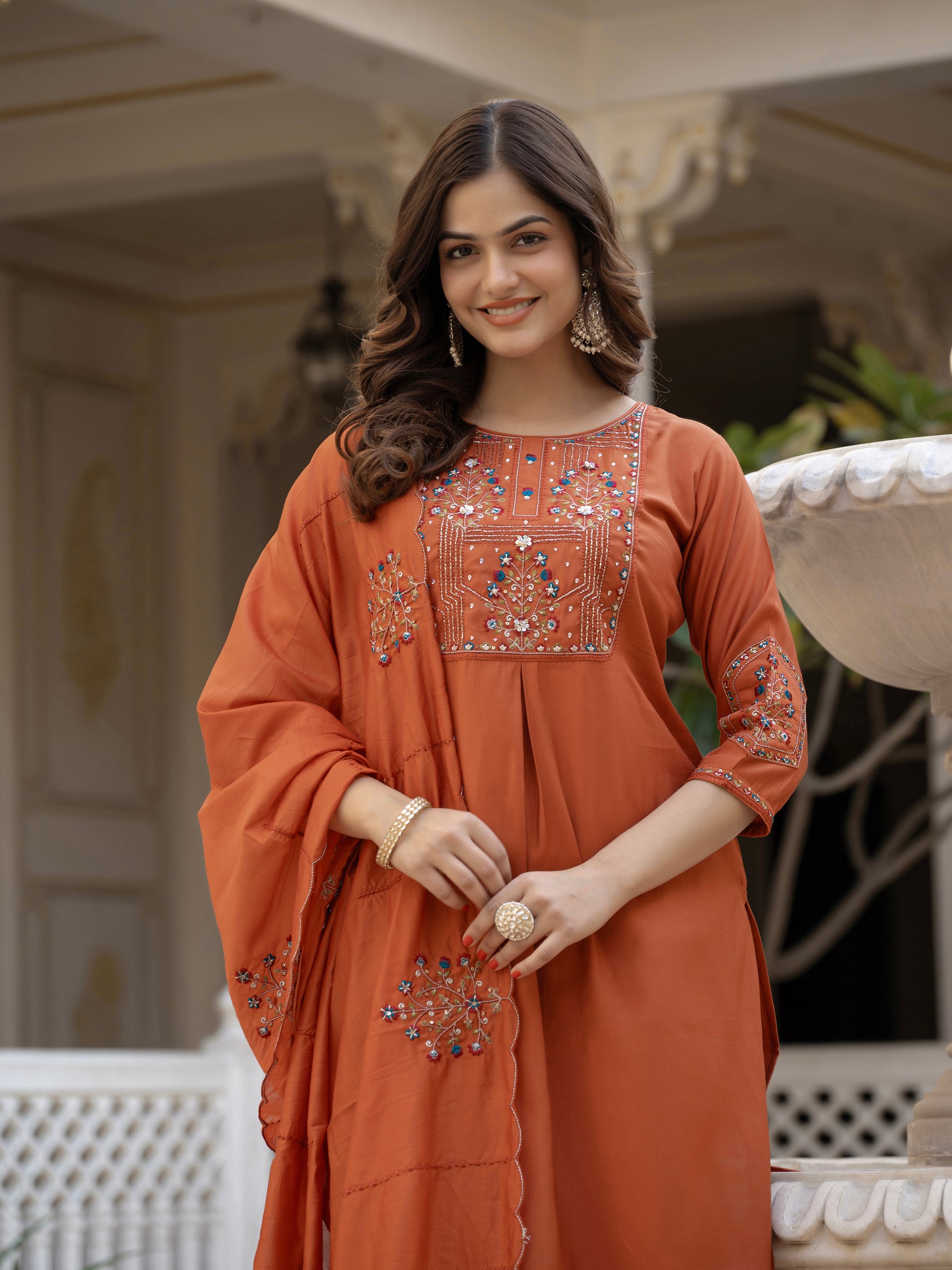 Lorenvalley Fashion Rust Viscose Mango Silk Multi Embroidery Sequins With Hand Work Kurta Pant Dupatta - Distacart