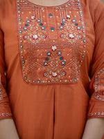 Thumbnail for Lorenvalley Fashion Rust Viscose Mango Silk Multi Embroidery Sequins With Hand Work Kurta Pant Dupatta - Distacart