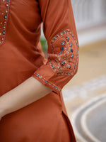 Thumbnail for Lorenvalley Fashion Rust Viscose Mango Silk Multi Embroidery Sequins With Hand Work Kurta Pant Dupatta - Distacart