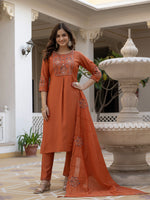 Thumbnail for Lorenvalley Fashion Rust Viscose Mango Silk Multi Embroidery Sequins With Hand Work Kurta Pant Dupatta - Distacart
