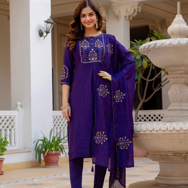 Lorenvalley Fashion Violet Viscose Mango Silk Multi Embroidery Sequins With Hand Work Kurta Pant Dupatta - Distacart
