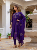 Thumbnail for Lorenvalley Fashion Violet Viscose Mango Silk Multi Embroidery Sequins With Hand Work Kurta Pant Dupatta - Distacart