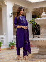 Thumbnail for Lorenvalley Fashion Violet Viscose Mango Silk Multi Embroidery Sequins With Hand Work Kurta Pant Dupatta - Distacart