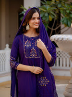 Thumbnail for Lorenvalley Fashion Violet Viscose Mango Silk Multi Embroidery Sequins With Hand Work Kurta Pant Dupatta - Distacart