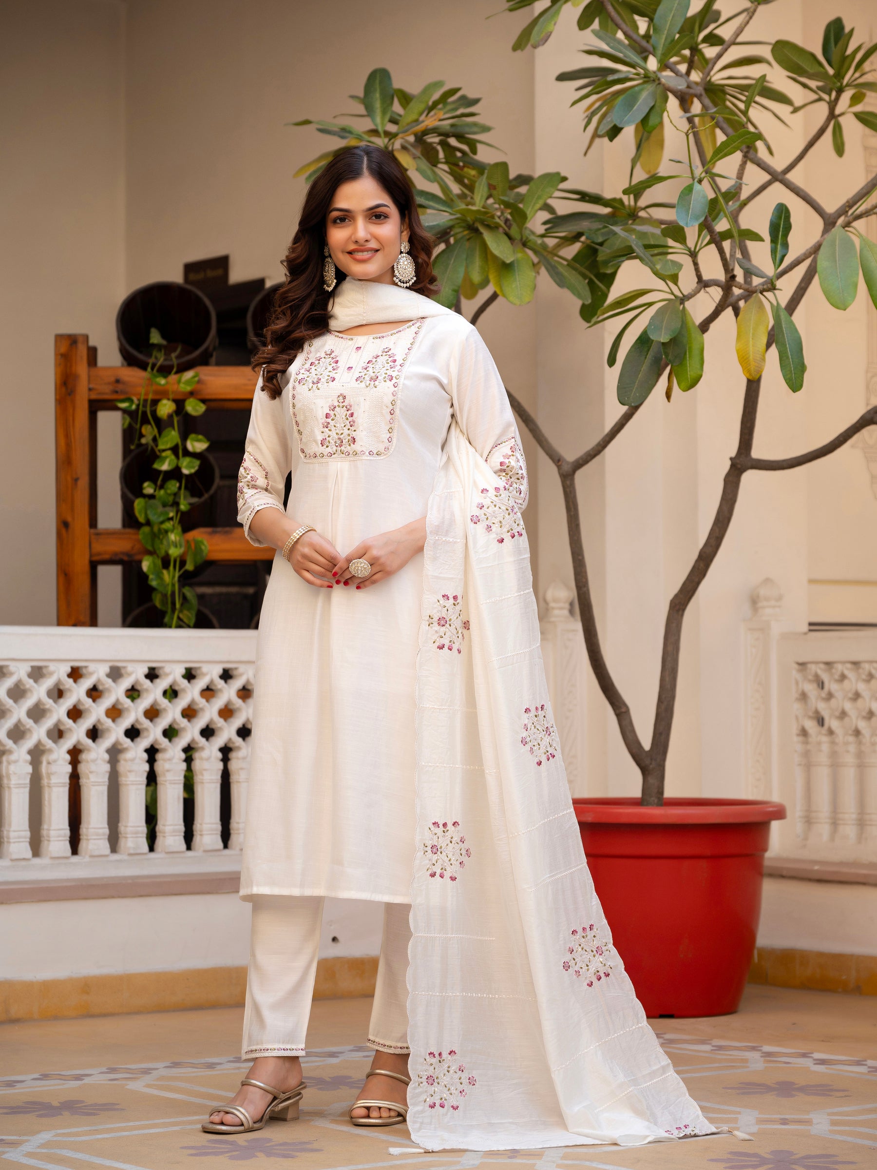 Lorenvalley Fashion White Viscose Mango Silk Multi Embroidery Sequins With Hand Work Kurta Pant Dupatta - Distacart