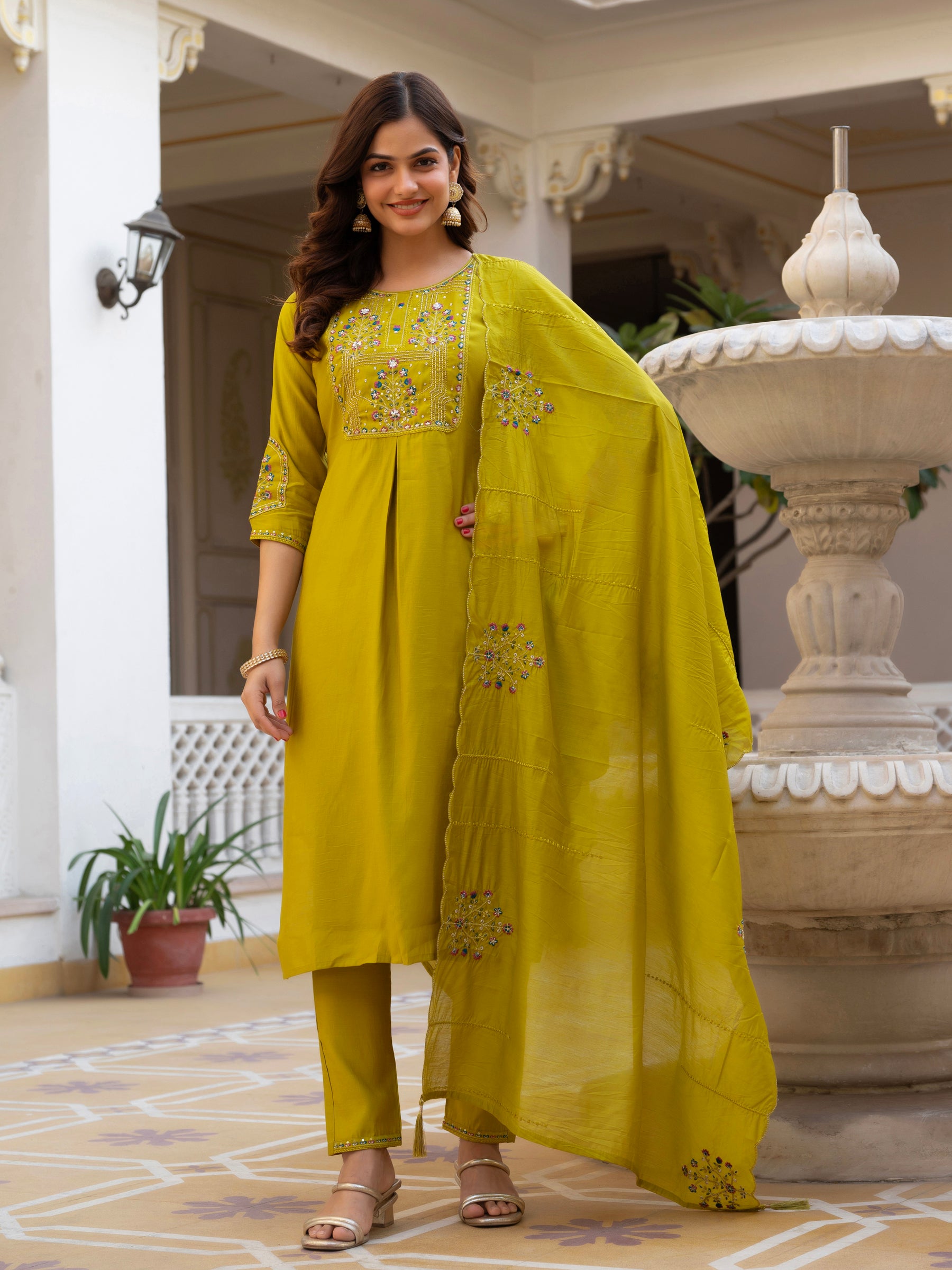 Lorenvalley Fashion Yellow Viscose Mango Silk Multi Embroidery Sequins With Hand Work Kurta Pant Dupatta - Distacart
