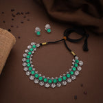 Thumbnail for Tehzeeb Creations Silver Plated Green Colour Stone Jewellery Choker Necklace Set With Matching Pair of Stud Earrings - Distacart