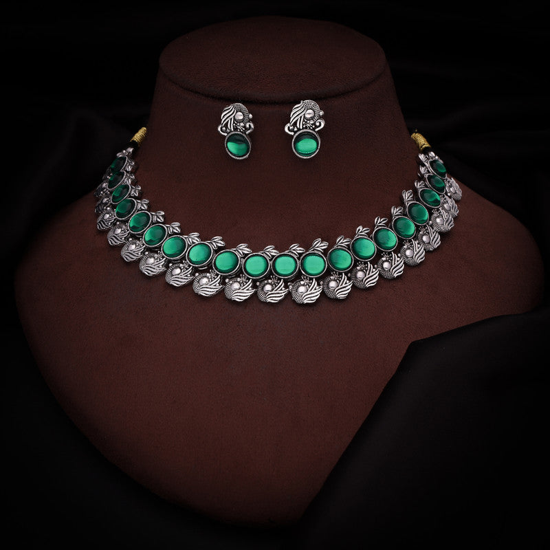 Tehzeeb Creations Silver Plated Green Colour Stone Jewellery Choker Necklace Set With Matching Pair of Stud Earrings - Distacart