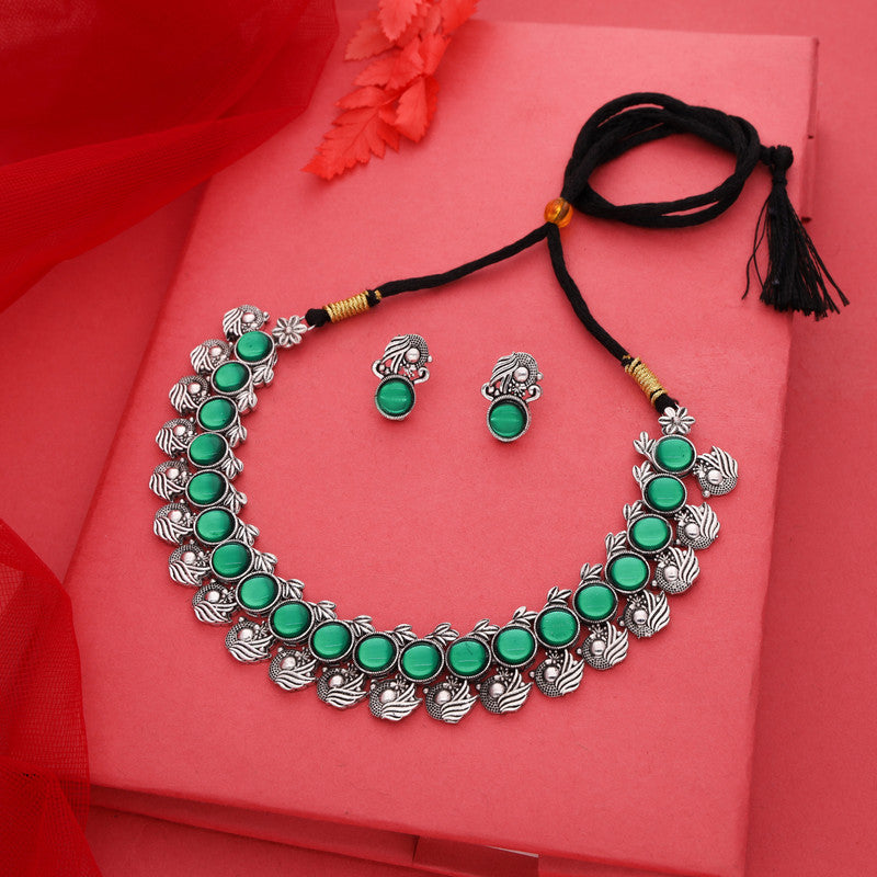 Tehzeeb Creations Silver Plated Green Colour Stone Jewellery Choker Necklace Set With Matching Pair of Stud Earrings - Distacart