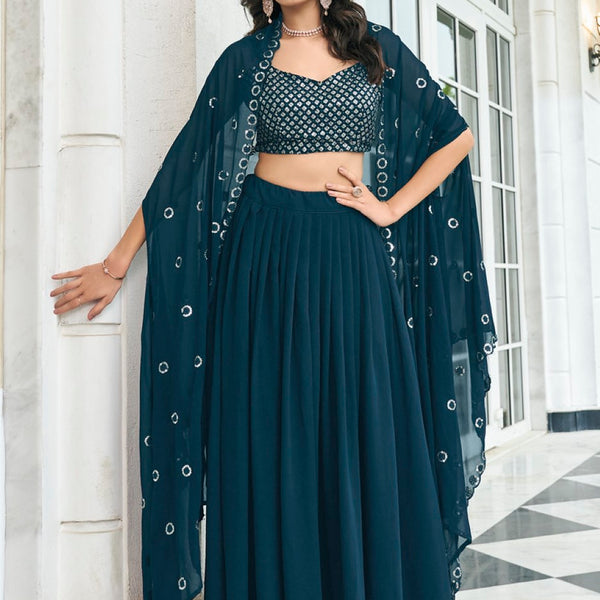 Anaita Teal Blue Georgette Stitched Lehenga Choli With Sequence & Thread Work - Distacart