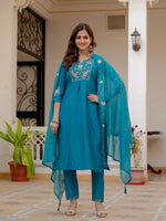 Thumbnail for Vedant Vastram Viscose Silk Embroidery & Sequence Work Stitched Salwar Suit Set-Firozi - Distacart