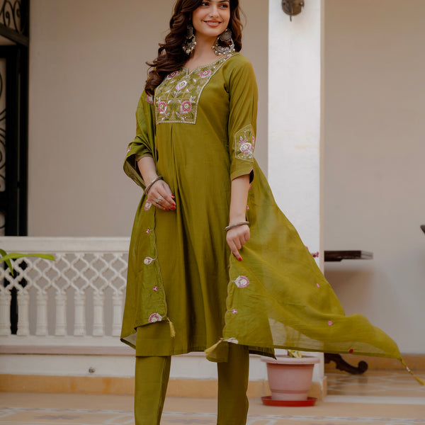 Vedant Vastram Viscose Silk Embroidery & Sequence Work Stitched Salwar Suit Set-Mehandi - Distacart
