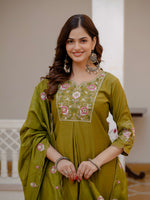 Thumbnail for Vedant Vastram Viscose Silk Embroidery & Sequence Work Stitched Salwar Suit Set-Mehandi - Distacart