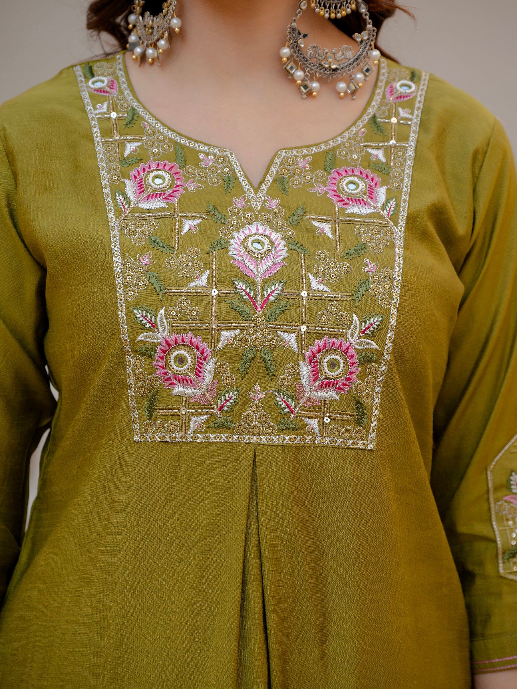 Vedant Vastram Viscose Silk Embroidery & Sequence Work Stitched Salwar Suit Set-Mehandi - Distacart