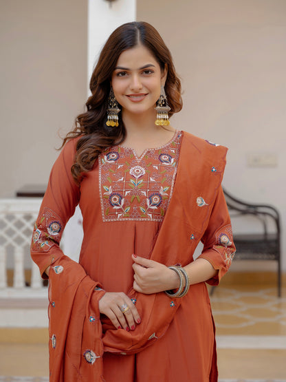 Vedant Vastram Viscose Silk Embroidery & Sequence Work Stitched Salwar Suit Set-Rust - Distacart