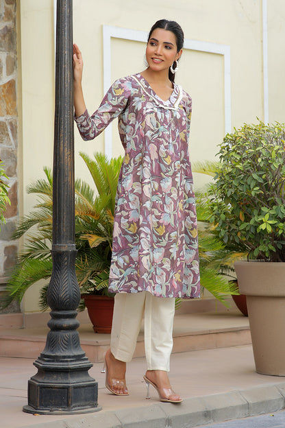 Vaasva Women Cream Printed Kurta Set With Solid Pants - Distacart