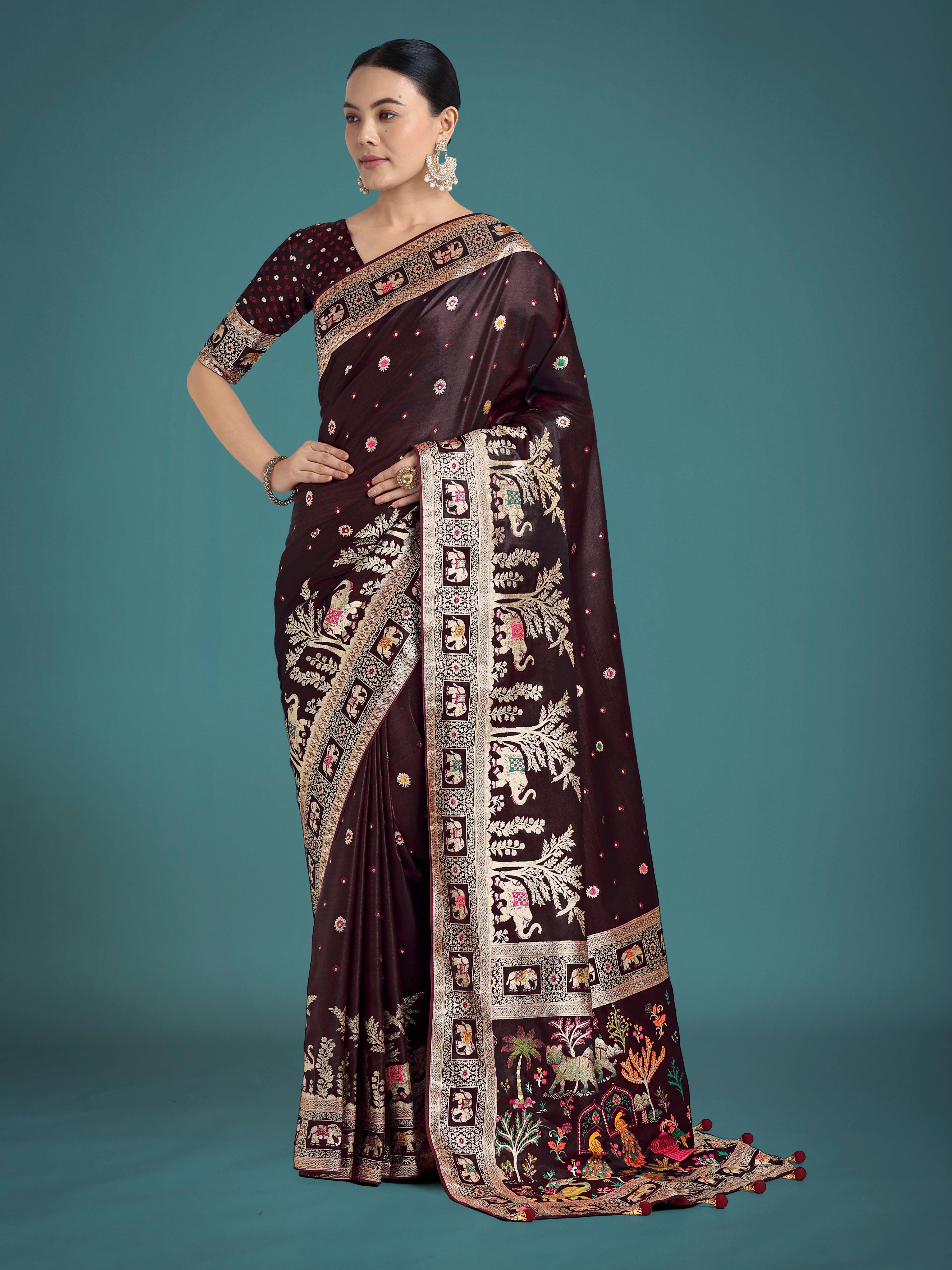 Monjolika Fashion Gorgeous Maroon Woven Banarasi Designer Satin Silk Saree