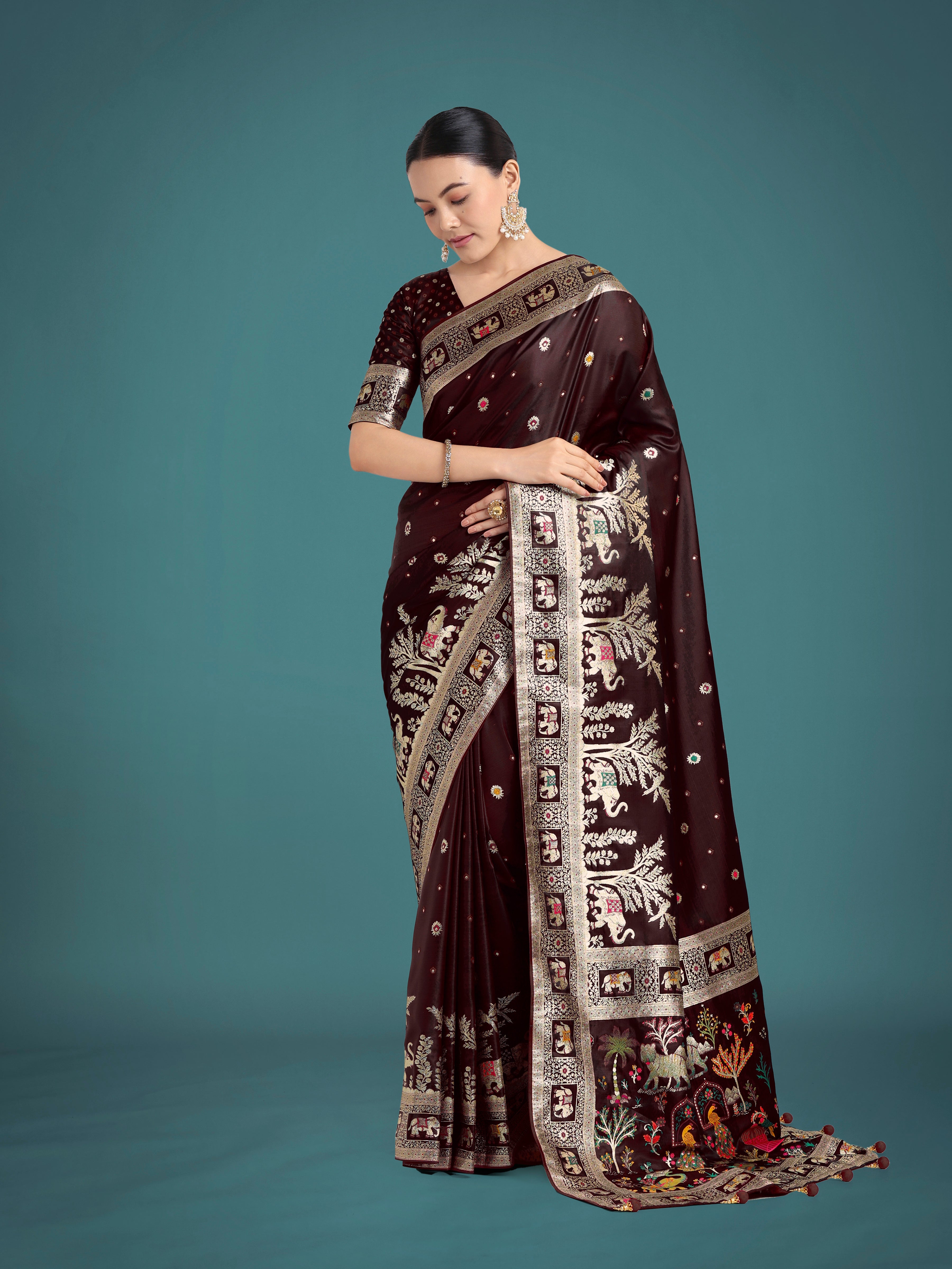 Monjolika Fashion Gorgeous Maroon Woven Banarasi Designer Satin Silk Saree