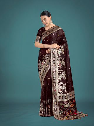 Monjolika Fashion Gorgeous Maroon Woven Banarasi Designer Satin Silk Saree