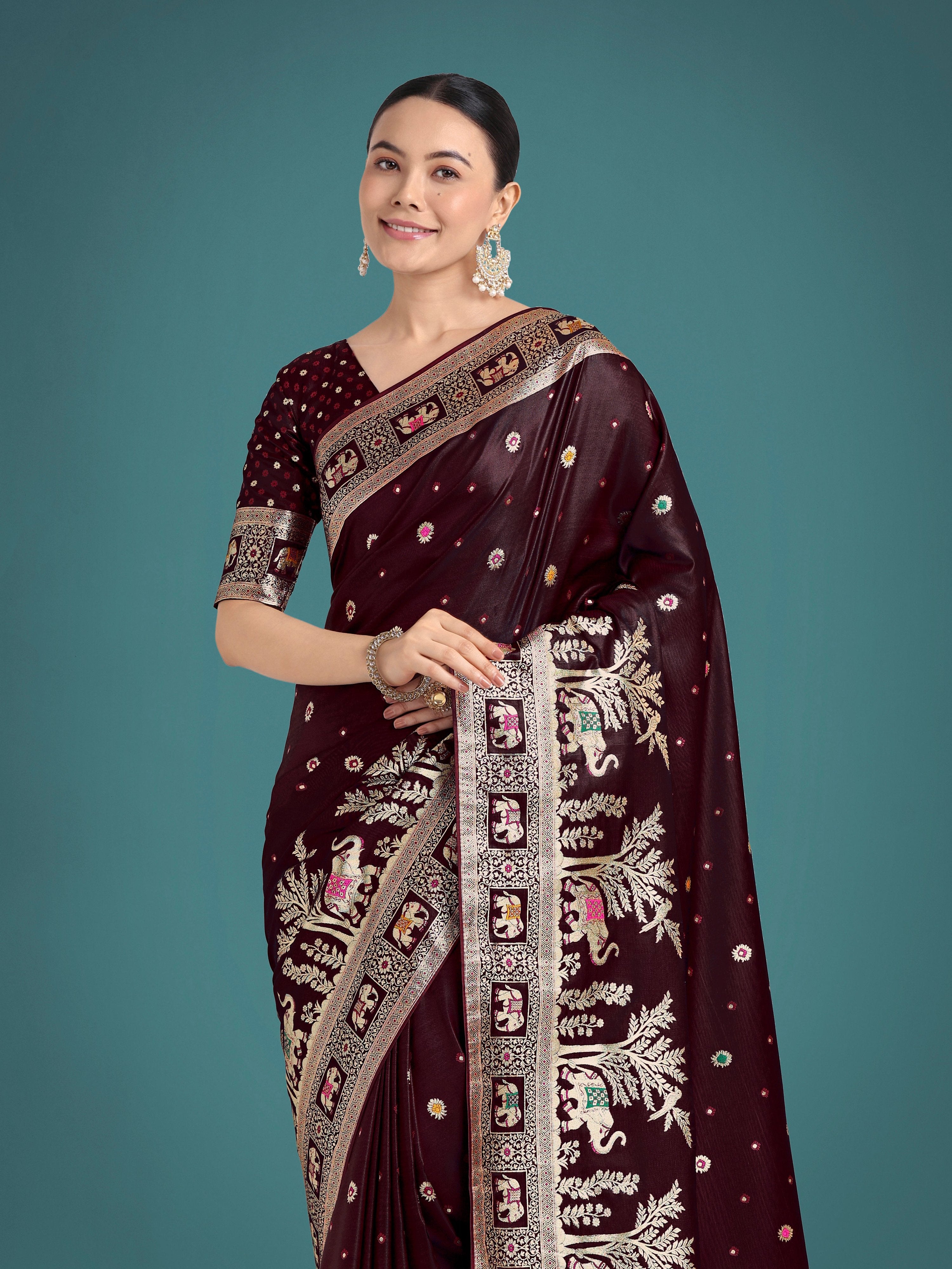 Monjolika Fashion Gorgeous Maroon Woven Banarasi Designer Satin Silk Saree