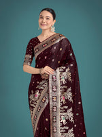 Thumbnail for Monjolika Fashion Gorgeous Maroon Woven Banarasi Designer Satin Silk Saree