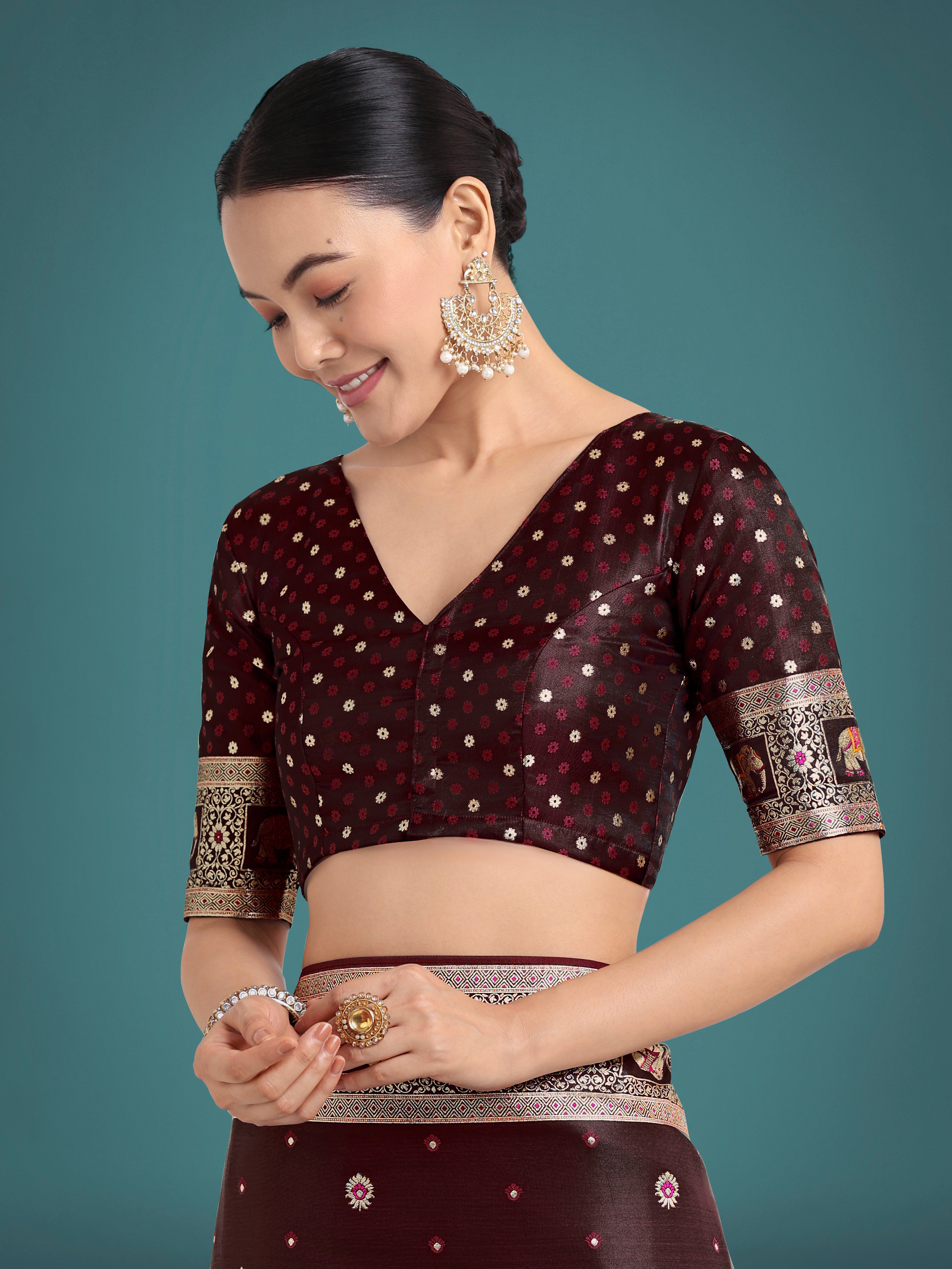 Monjolika Fashion Gorgeous Maroon Woven Banarasi Designer Satin Silk Saree