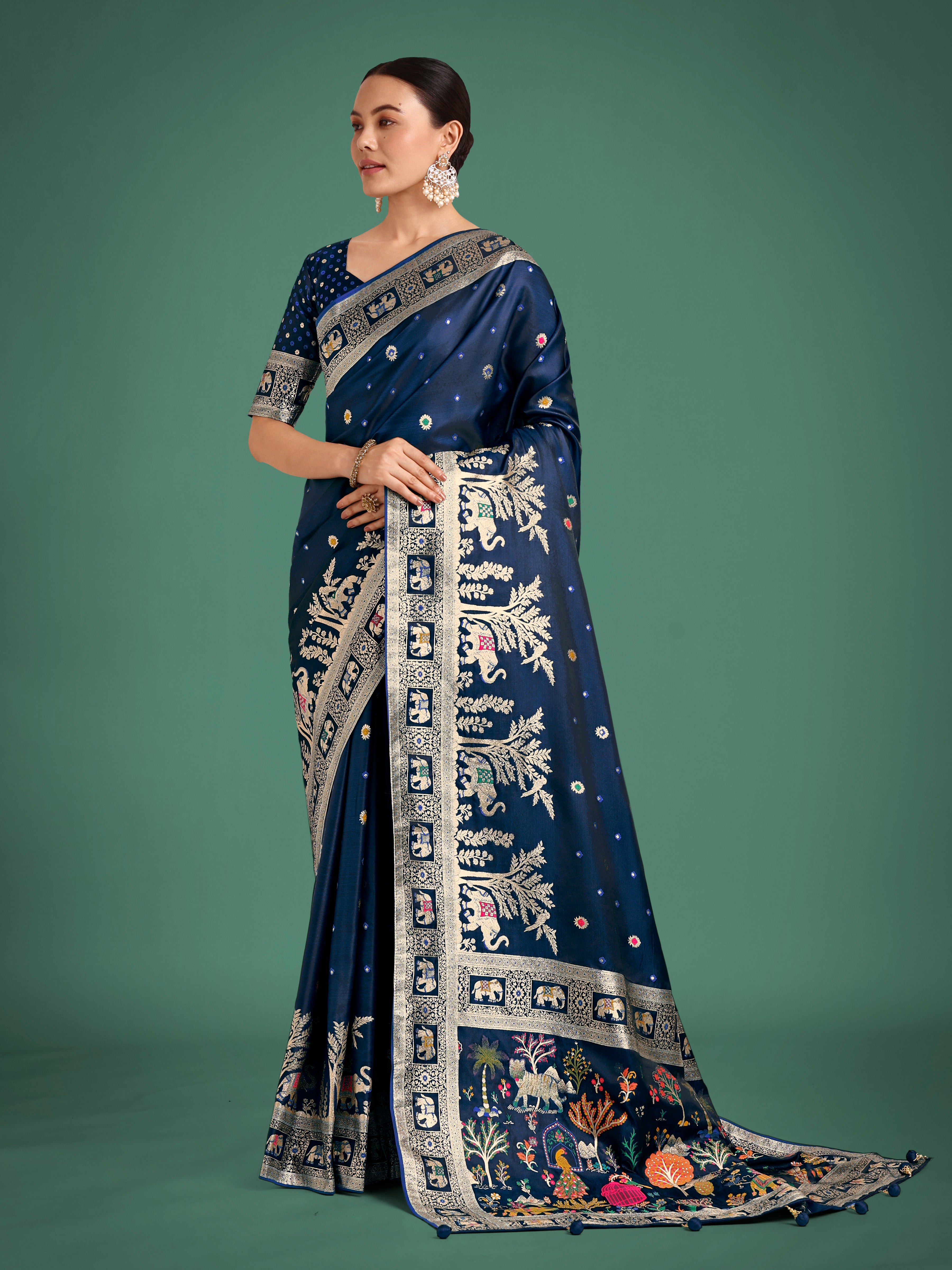 Monjolika Fashion Gorgeous Blue Woven Banarasi Designer Satin Silk Saree