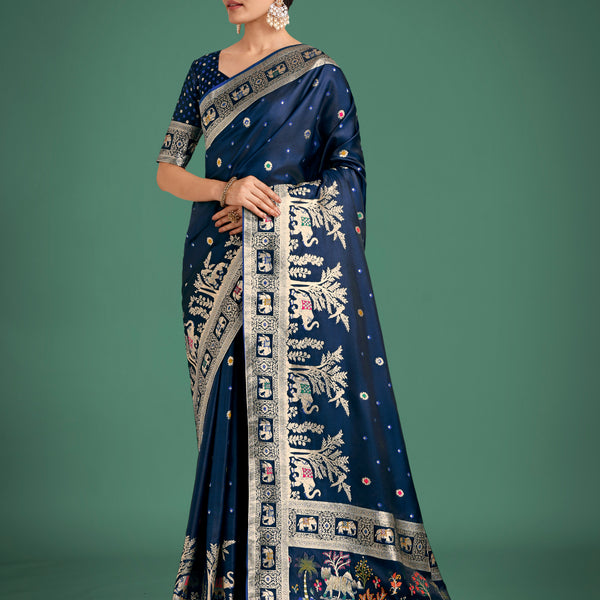 Monjolika Fashion Gorgeous Blue Woven Banarasi Designer Satin Silk Saree - Distacart