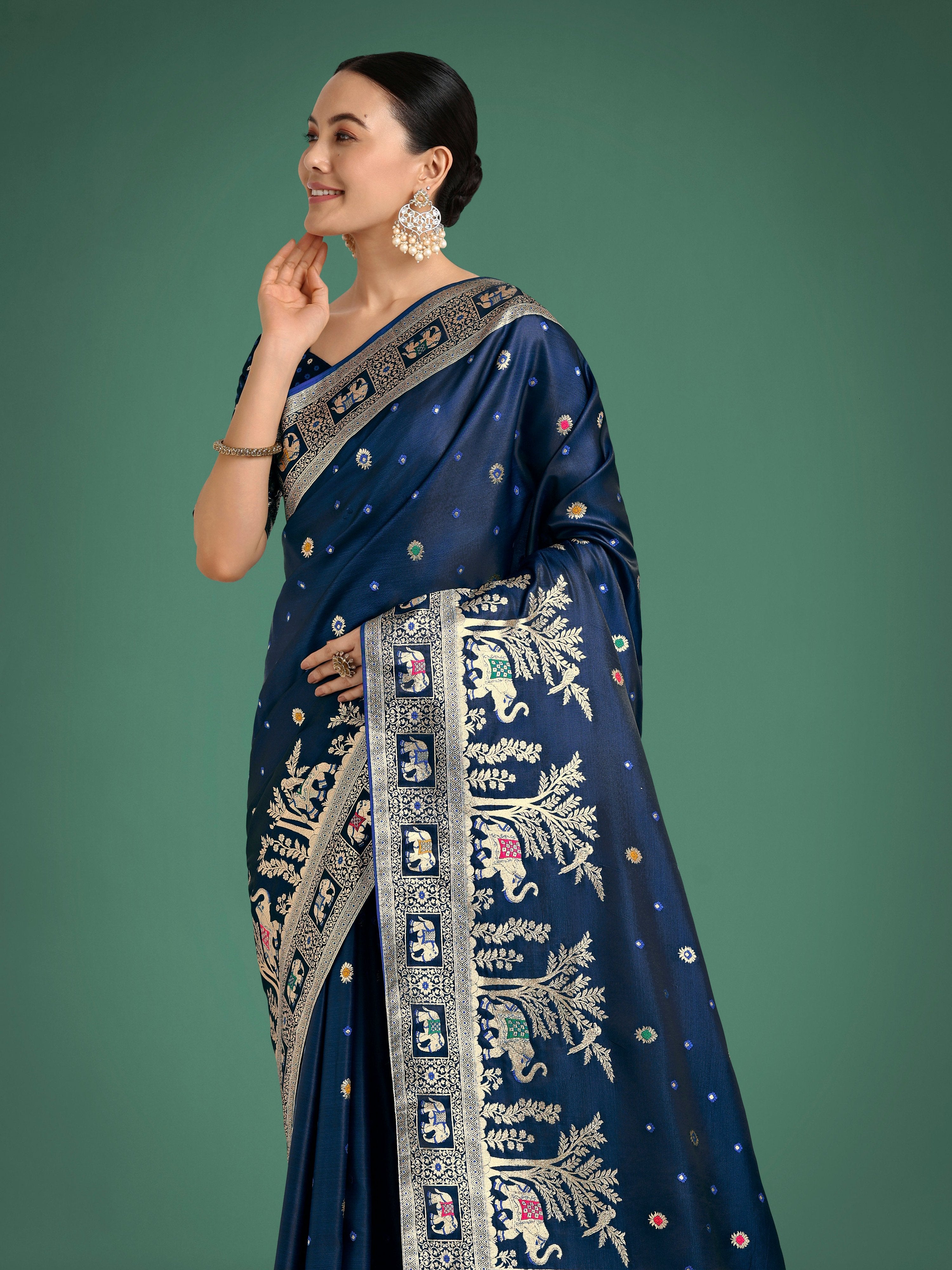 Monjolika Fashion Gorgeous Blue Woven Banarasi Designer Satin Silk Saree