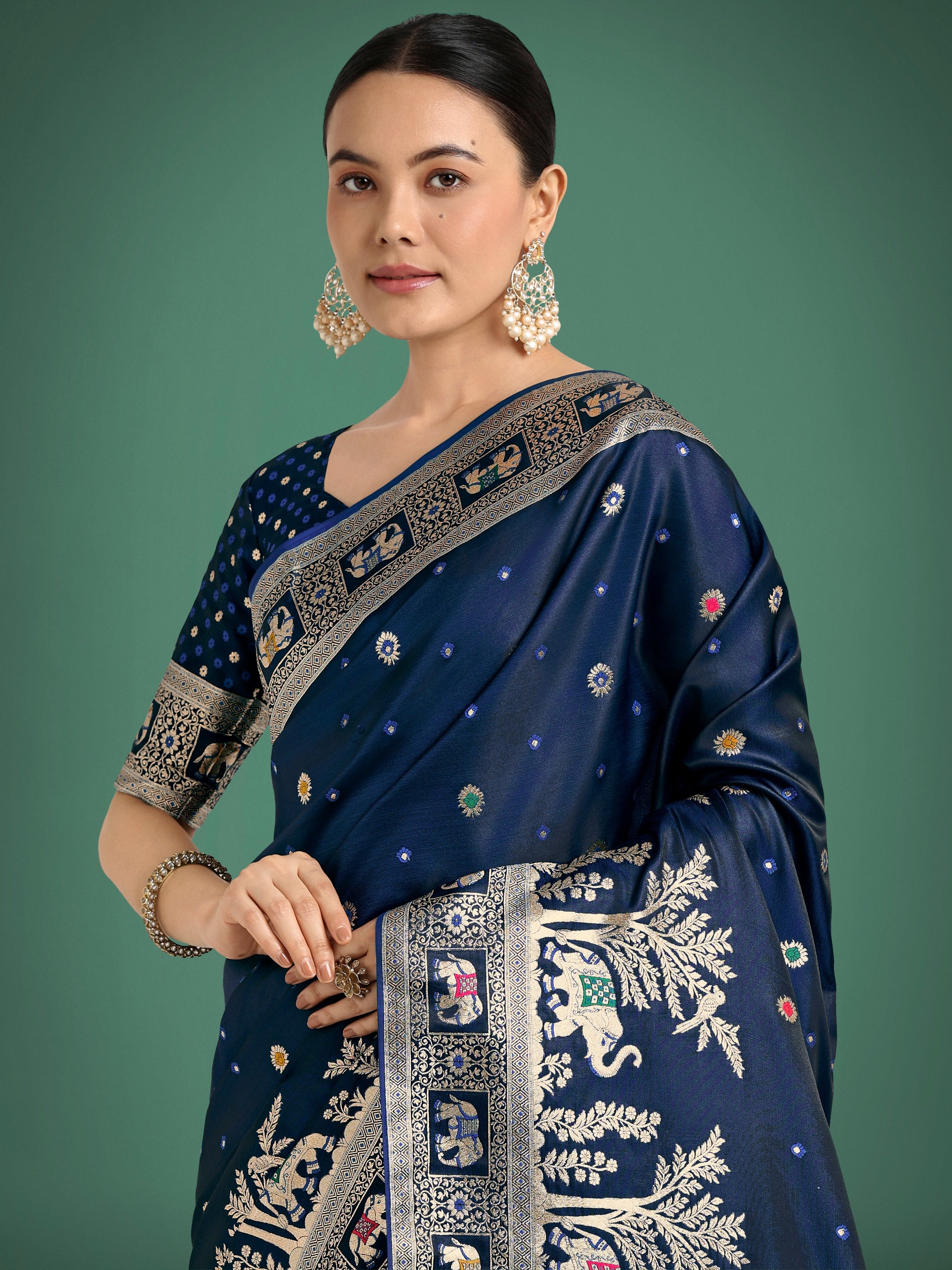 Monjolika Fashion Gorgeous Blue Woven Banarasi Designer Satin Silk Saree