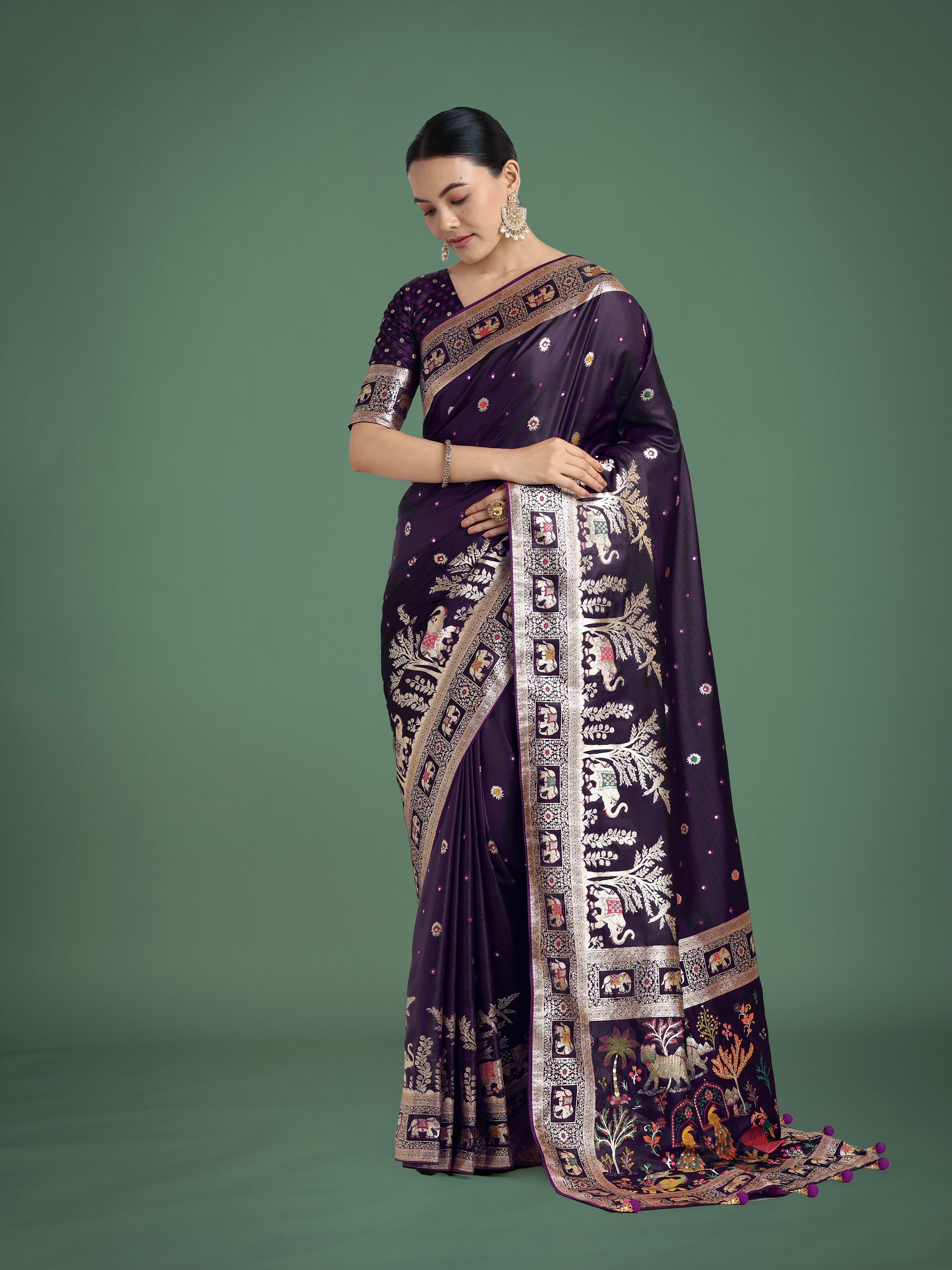 Monjolika Fashion Gorgeous Purple Woven Banarasi Designer Satin Silk Saree