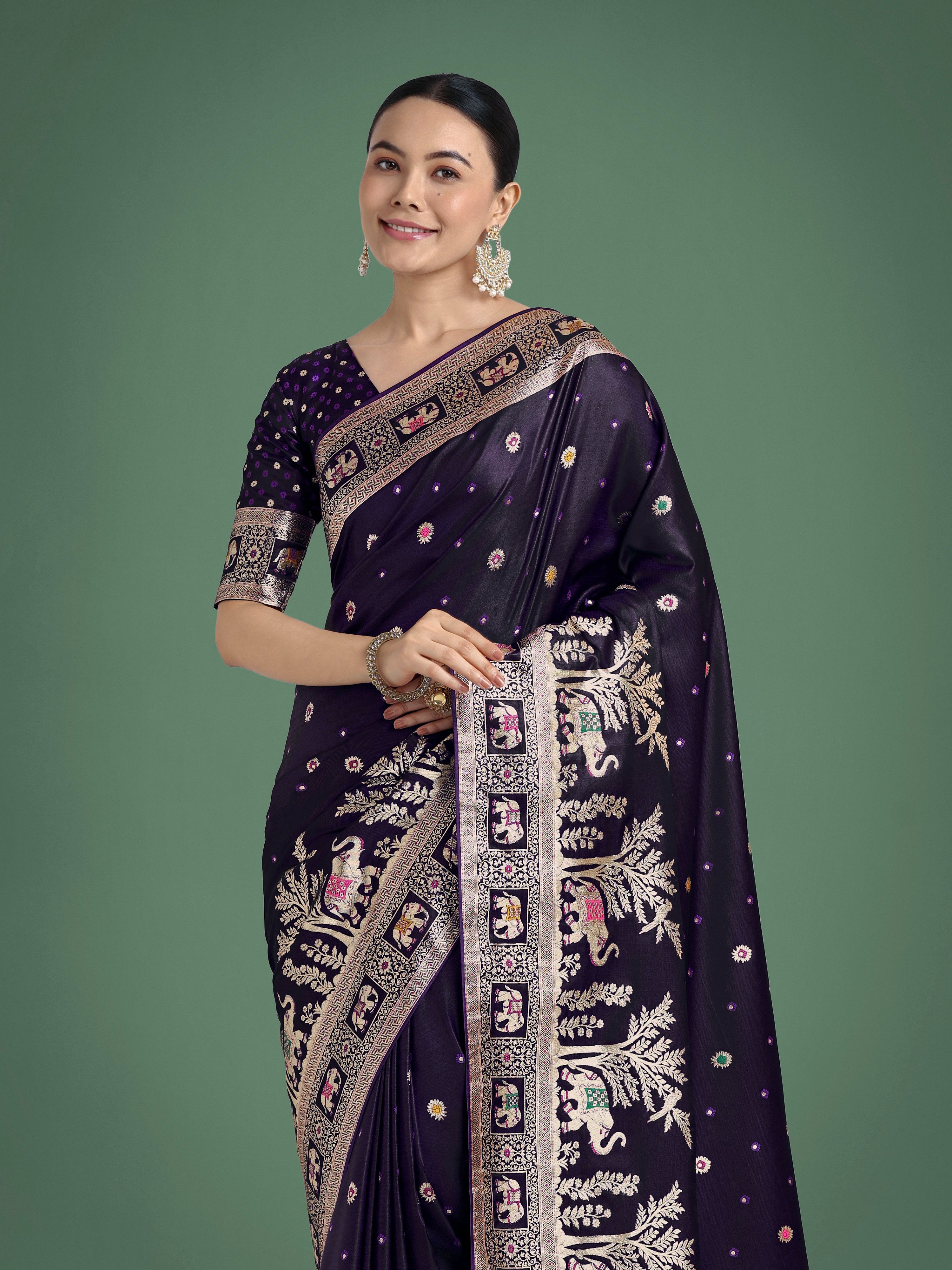 Monjolika Fashion Gorgeous Purple Woven Banarasi Designer Satin Silk Saree