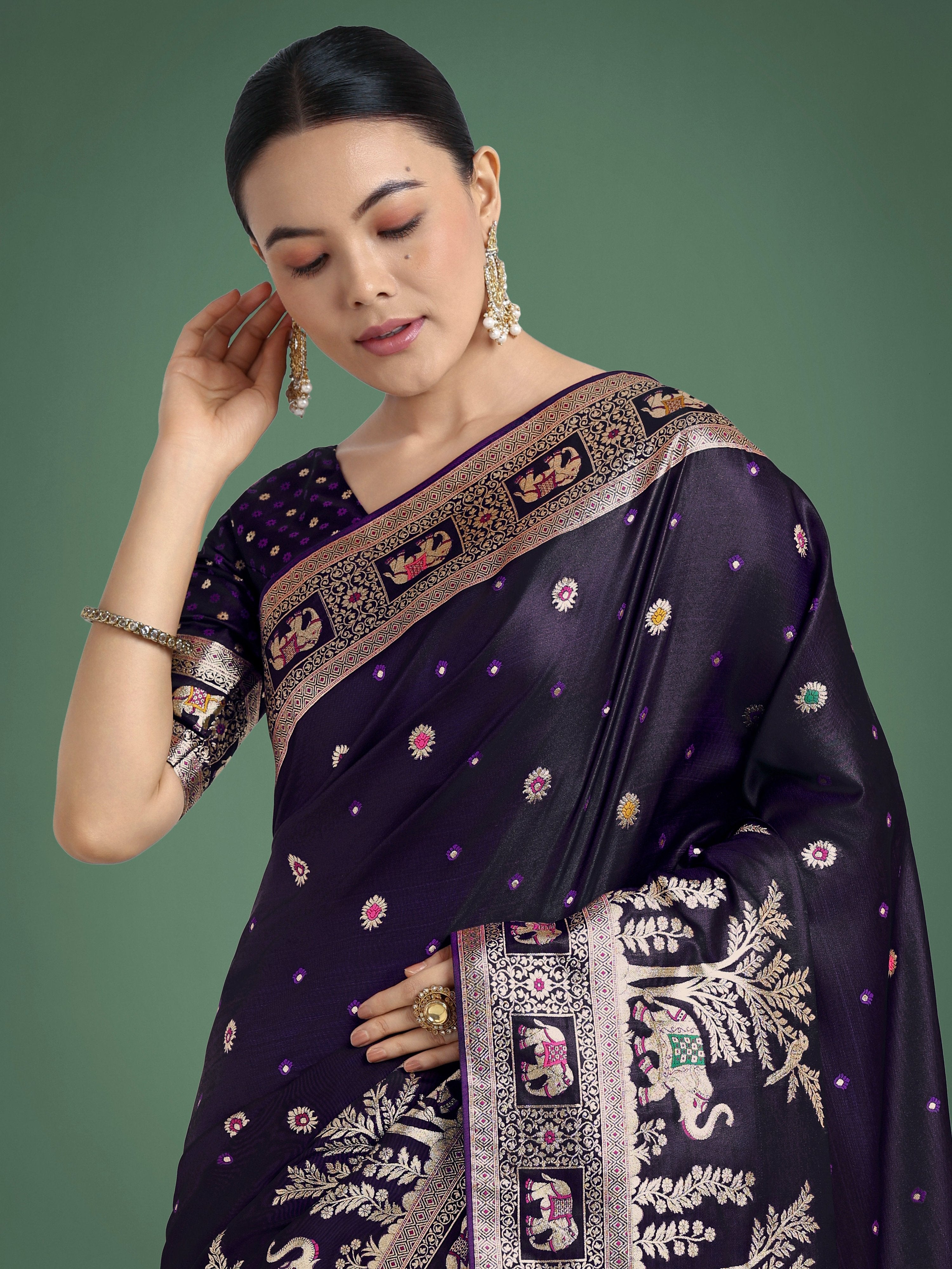 Monjolika Fashion Gorgeous Purple Woven Banarasi Designer Satin Silk Saree