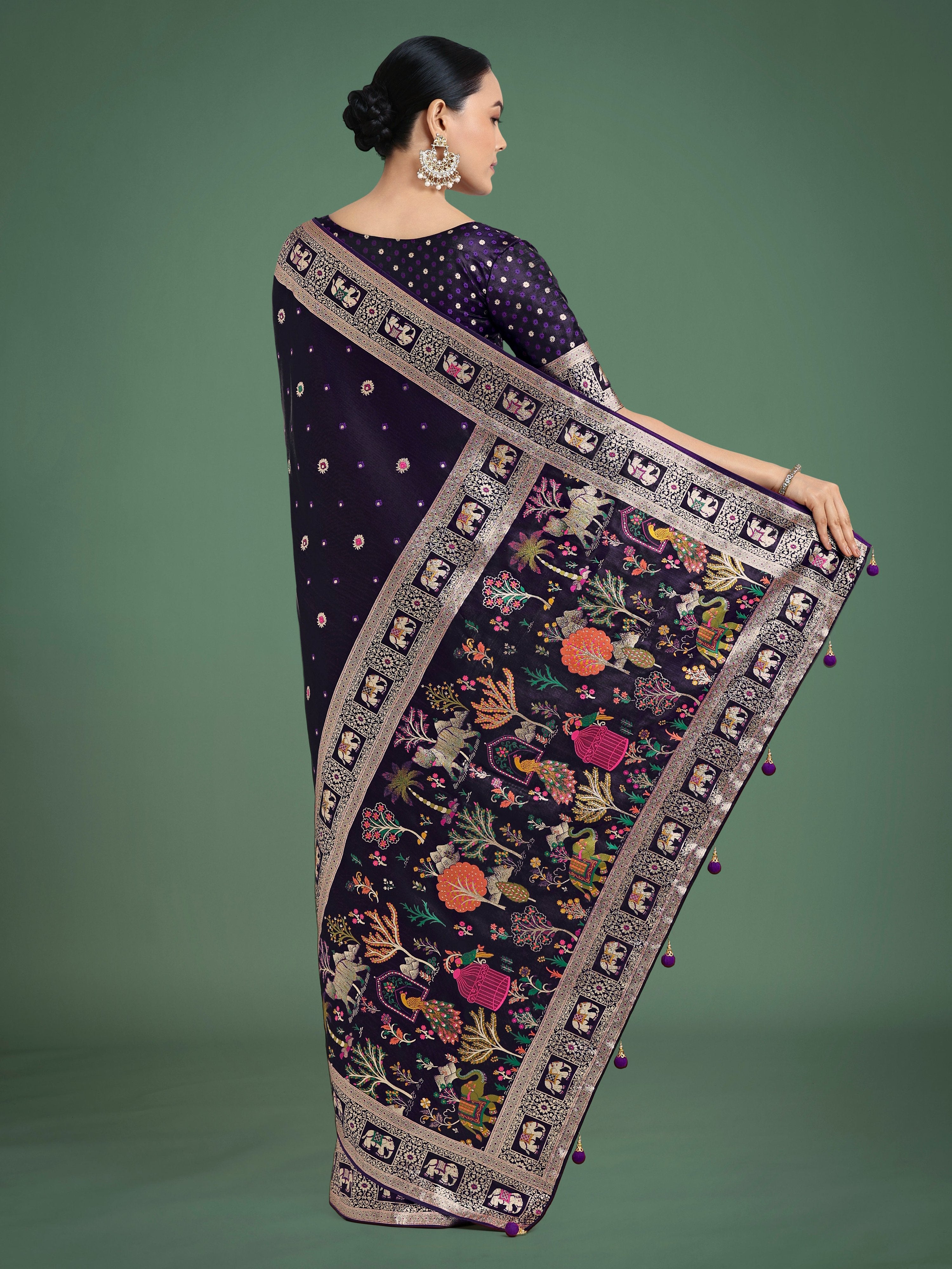 Monjolika Fashion Gorgeous Purple Woven Banarasi Designer Satin Silk Saree