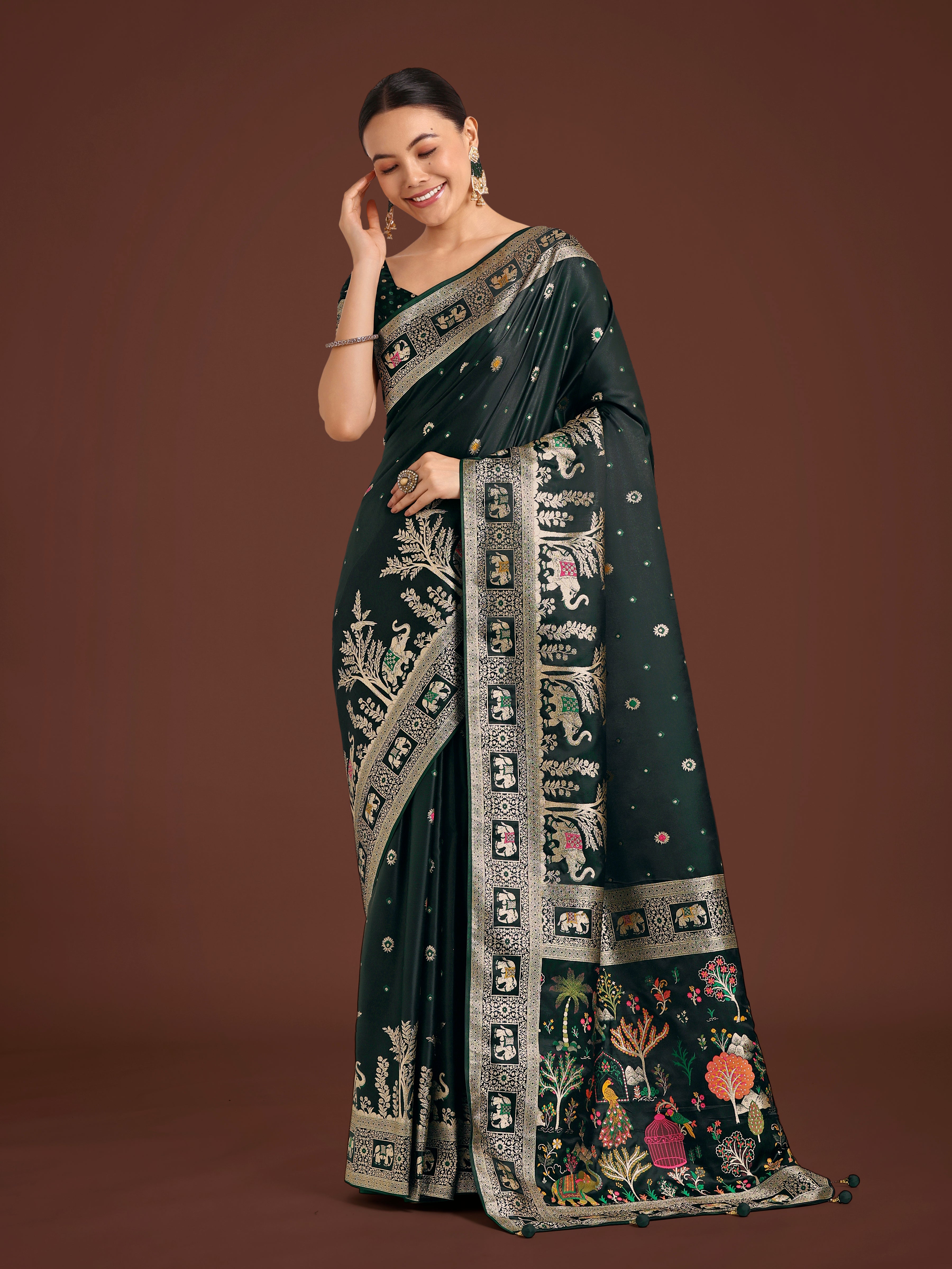 Monjolika Fashion Gorgeous Dark Green Woven Banarasi Designer Satin Silk Saree