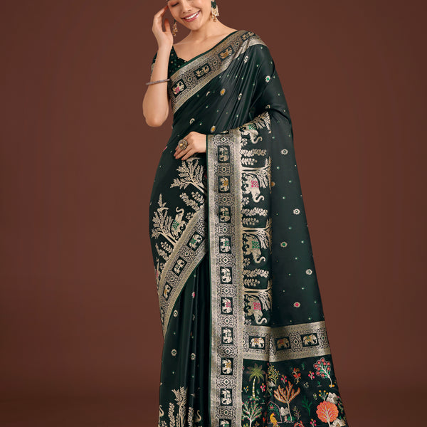 Monjolika Fashion Gorgeous Dark Green Woven Banarasi Designer Satin Silk Saree - Distacart