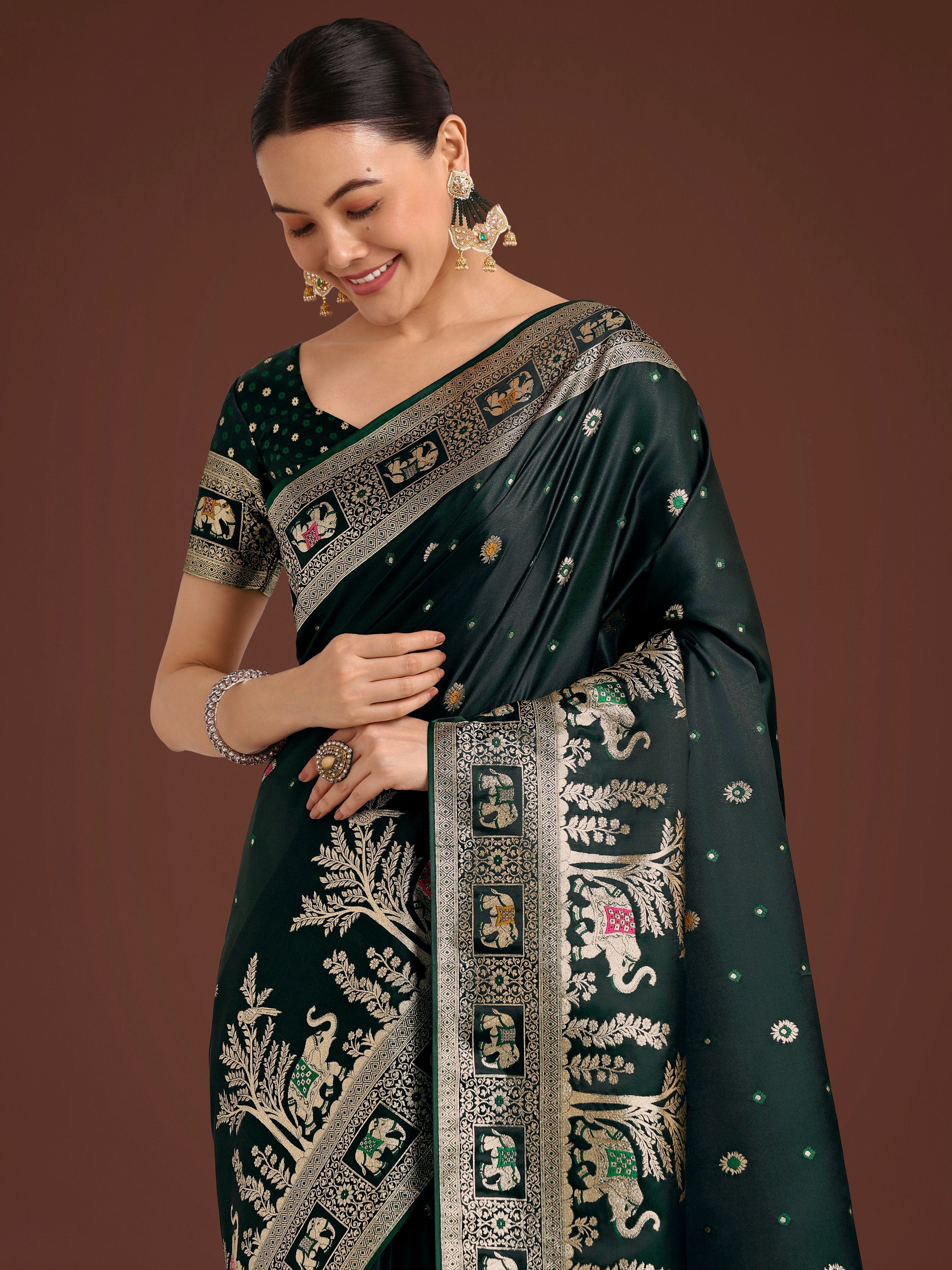 Monjolika Fashion Gorgeous Dark Green Woven Banarasi Designer Satin Silk Saree