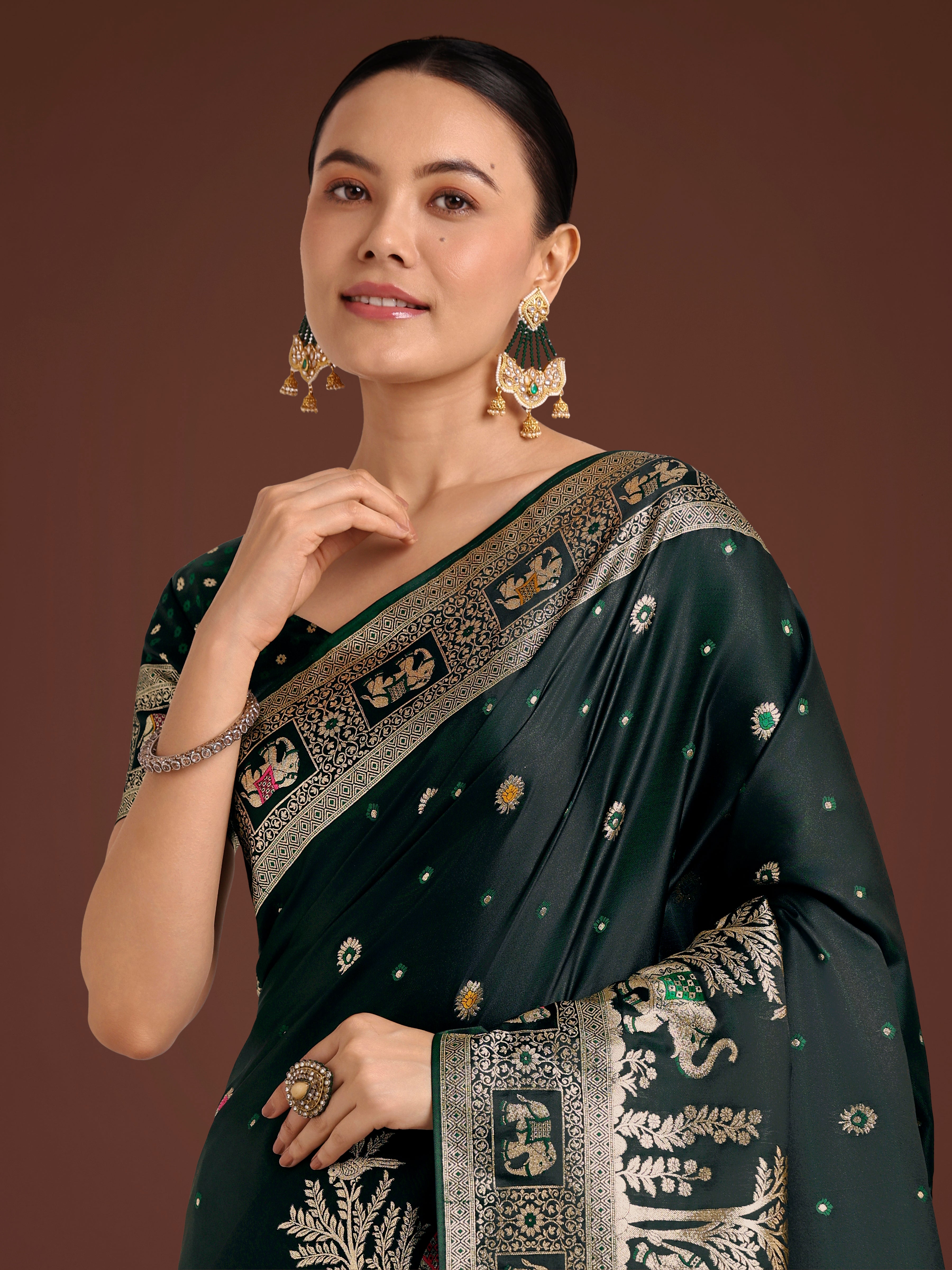 Monjolika Fashion Gorgeous Dark Green Woven Banarasi Designer Satin Silk Saree