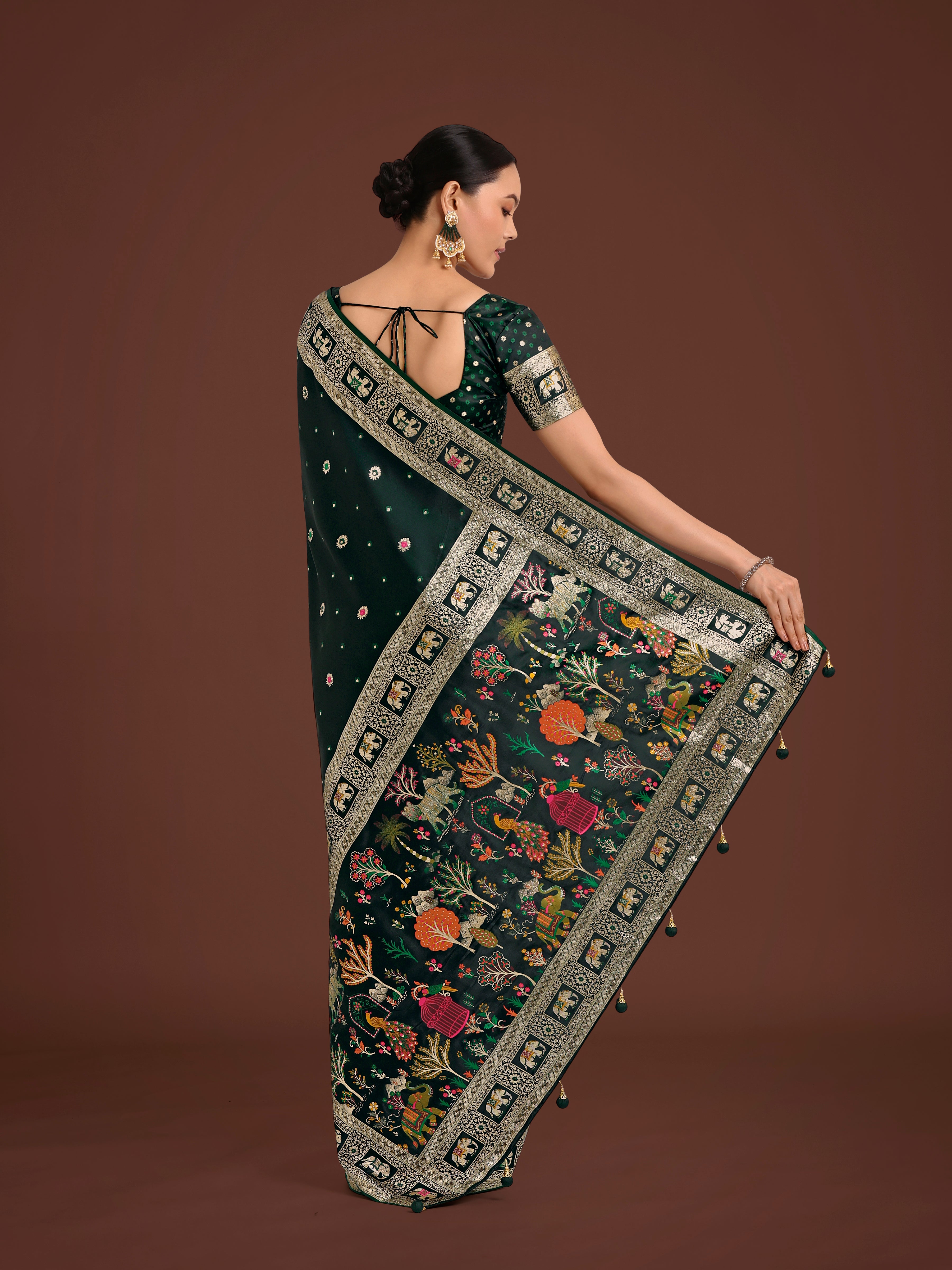 Monjolika Fashion Gorgeous Dark Green Woven Banarasi Designer Satin Silk Saree