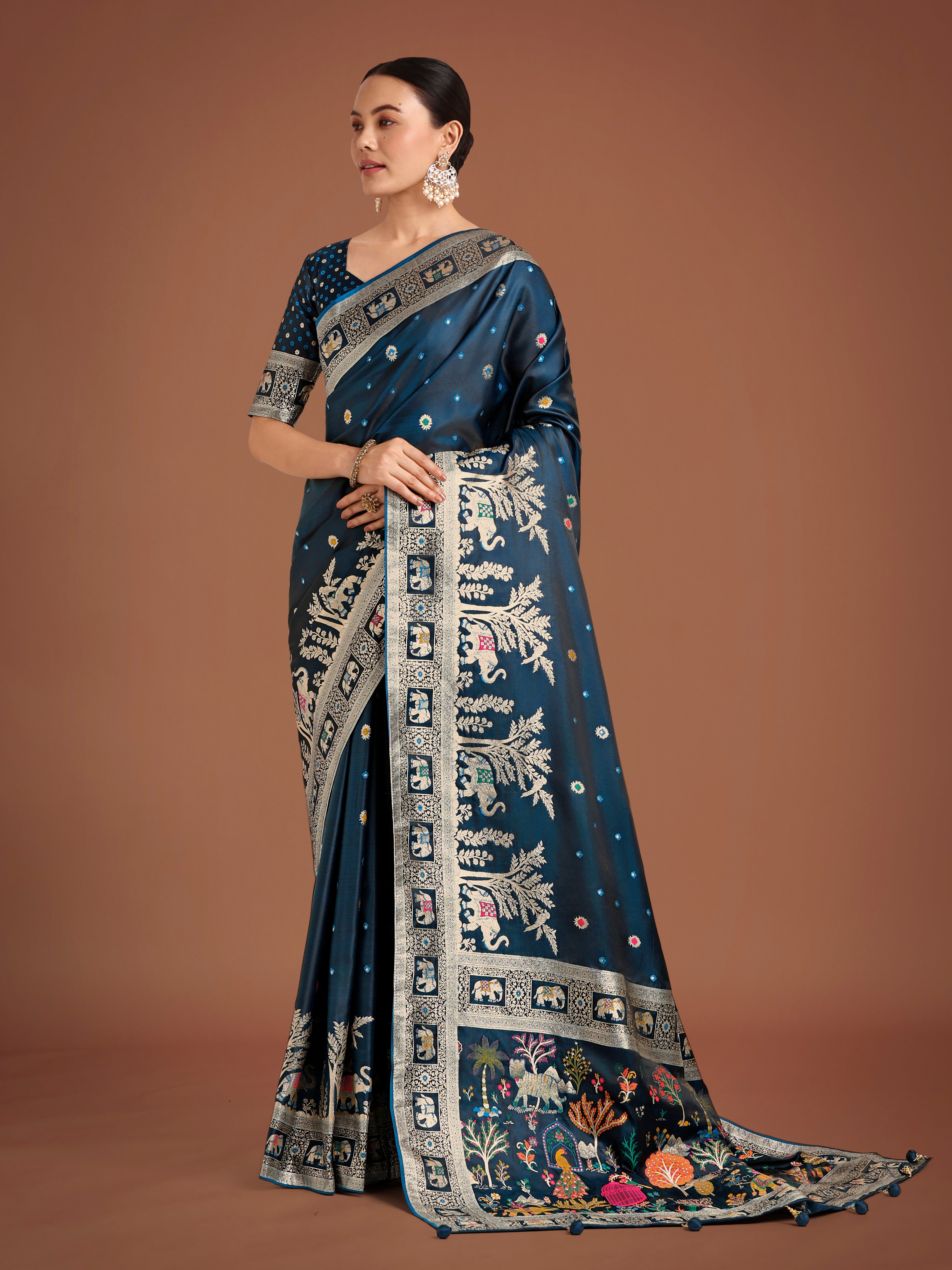 Monjolika Fashion Gorgeous Dark Teal Woven Banarasi Designer Satin Silk Saree