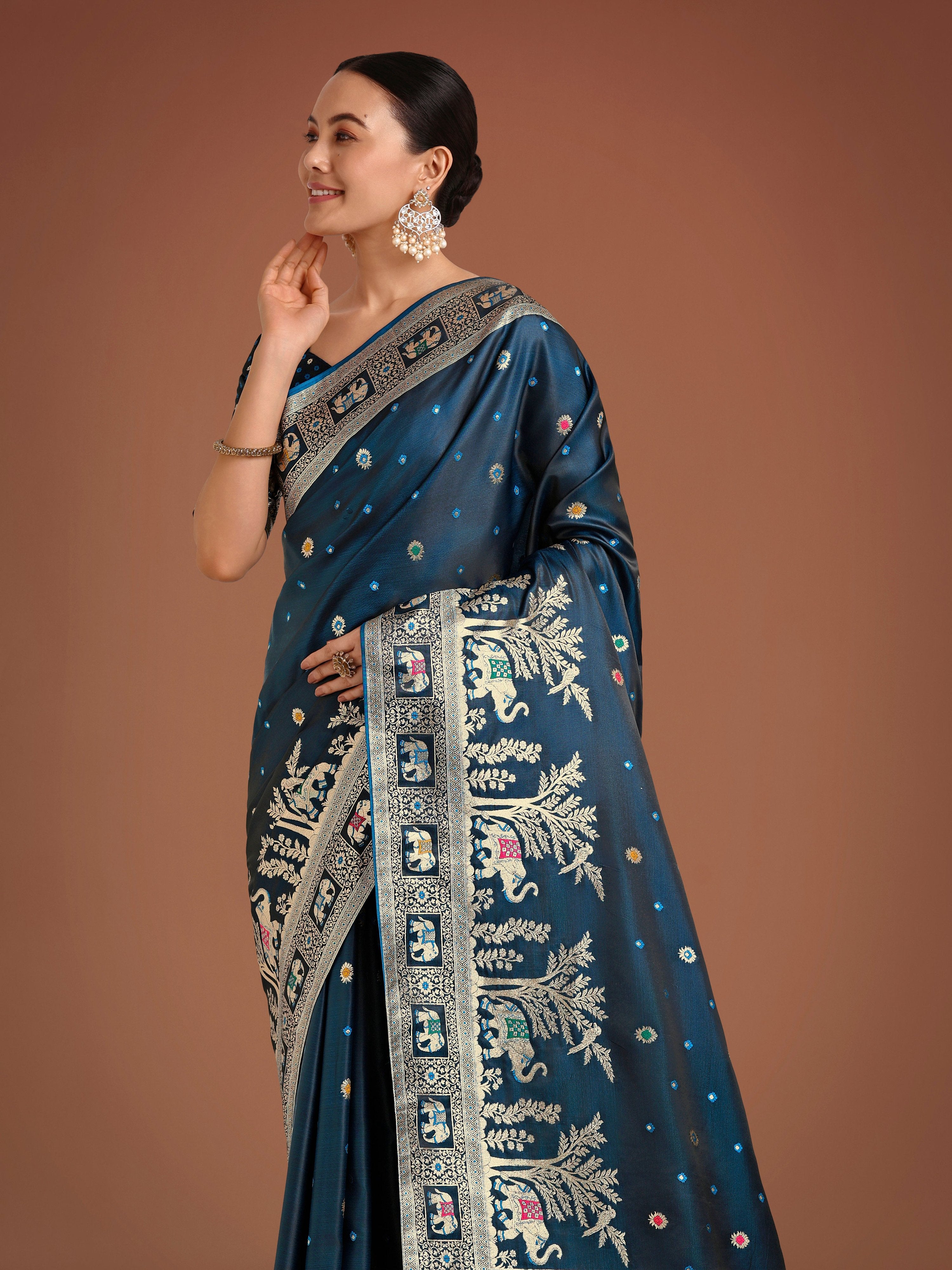 Monjolika Fashion Gorgeous Dark Teal Woven Banarasi Designer Satin Silk Saree