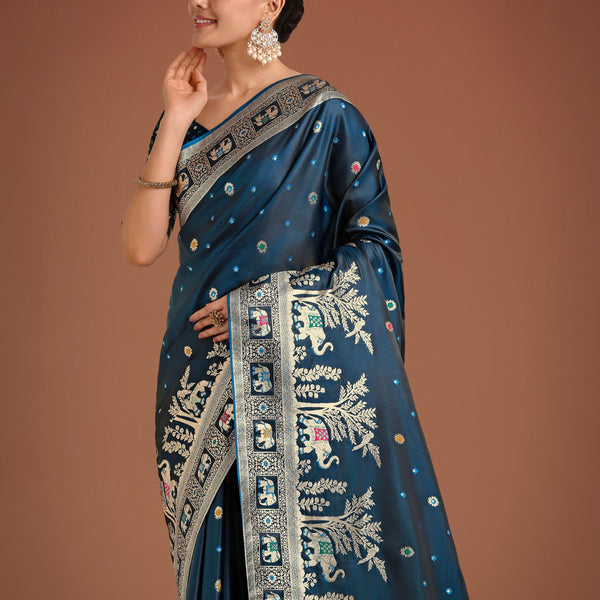 Monjolika Fashion Gorgeous Dark Teal Woven Banarasi Designer Satin Silk Saree - Distacart