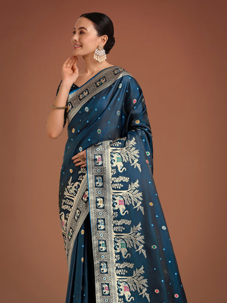 Monjolika Fashion Gorgeous Dark Teal Woven Banarasi Designer Satin Silk Saree
